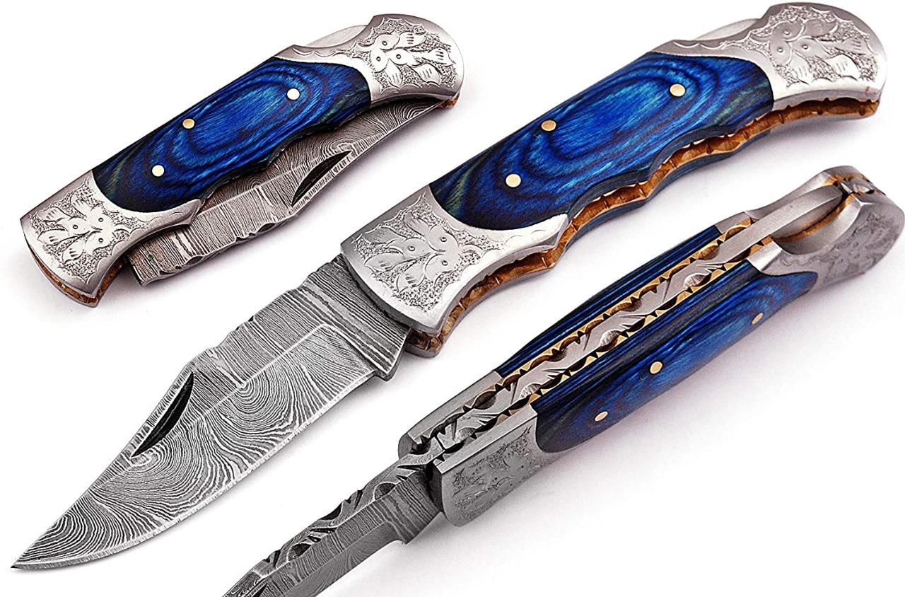 Handmade Folding Knife - Blue Pakka Wood