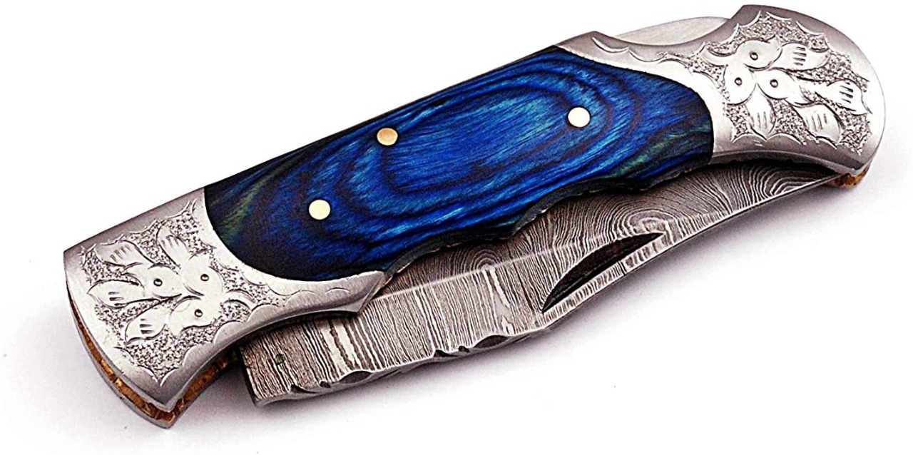 Handmade Folding Knife - Blue Pakka Wood - Image 2