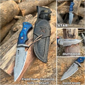 Damacus Hunting Knife - Blue pakka wood Handle